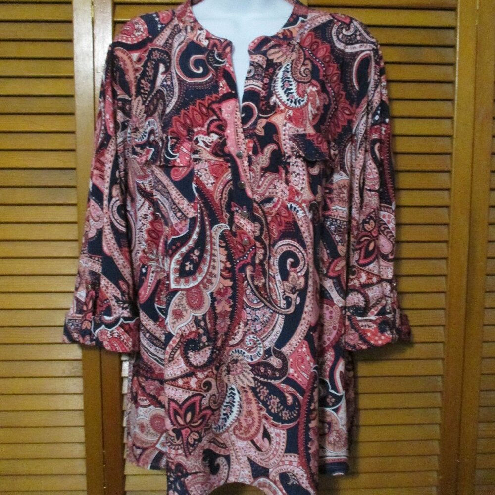 Ava & Grace top wash & wear stylish & stretchy pinks & navy V neck pockets sz 1x